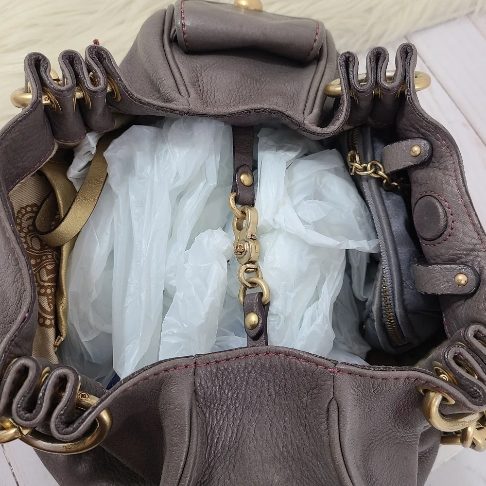 Vintage Y2K Juicy Couture slouchy leather hobo bag gray taupe pink gold